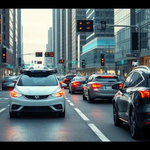Futuristic city with autonomous vehicles navigating through traffic.