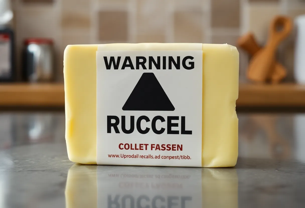 Butter block with a warning sign, representing the Cabot Creamery recall.