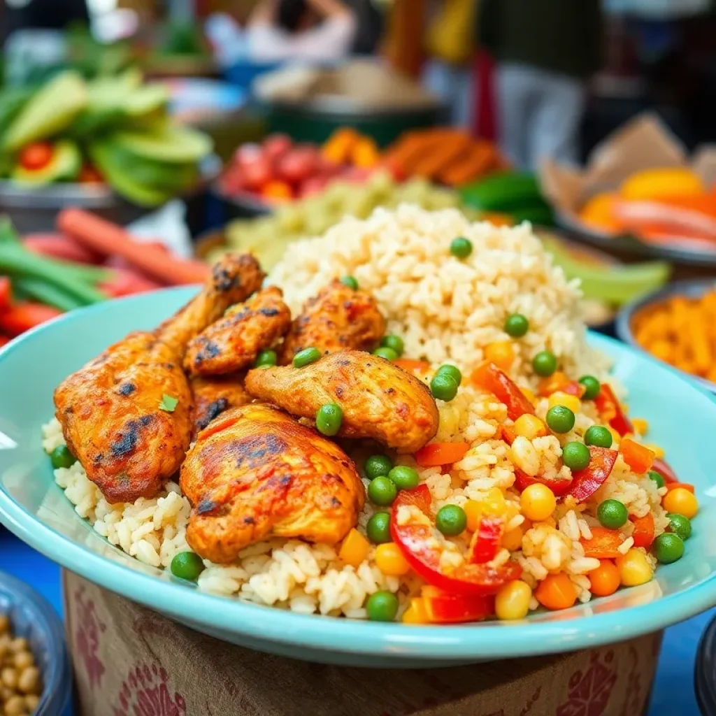A plate of Caribbean jerk chicken with rice and peas, garnished with vegetables.