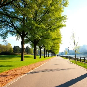 Scenic jogging path in Dallas with trees and sunlight.