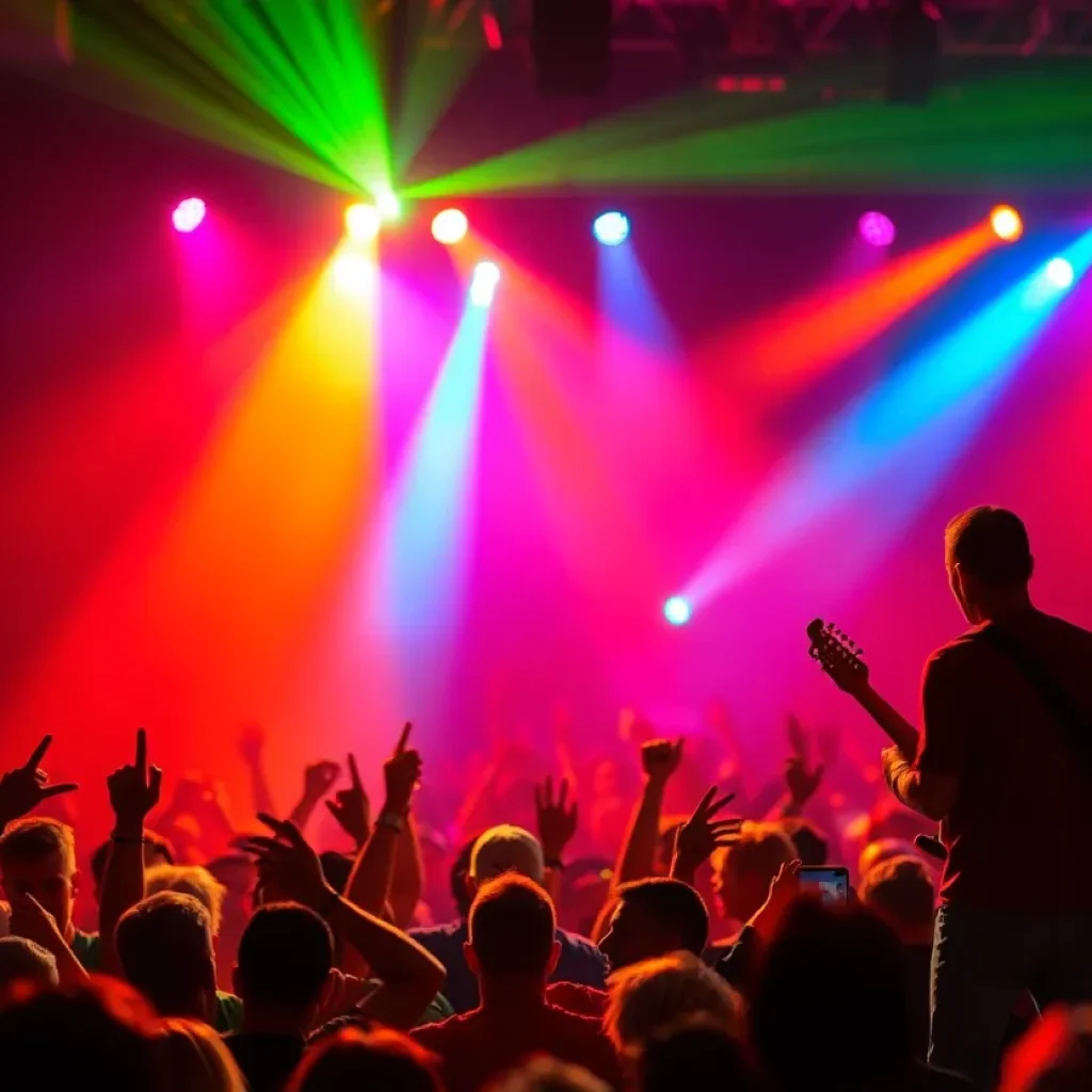 Guitarist performing live on stage at a concert with enthusiastic audience.