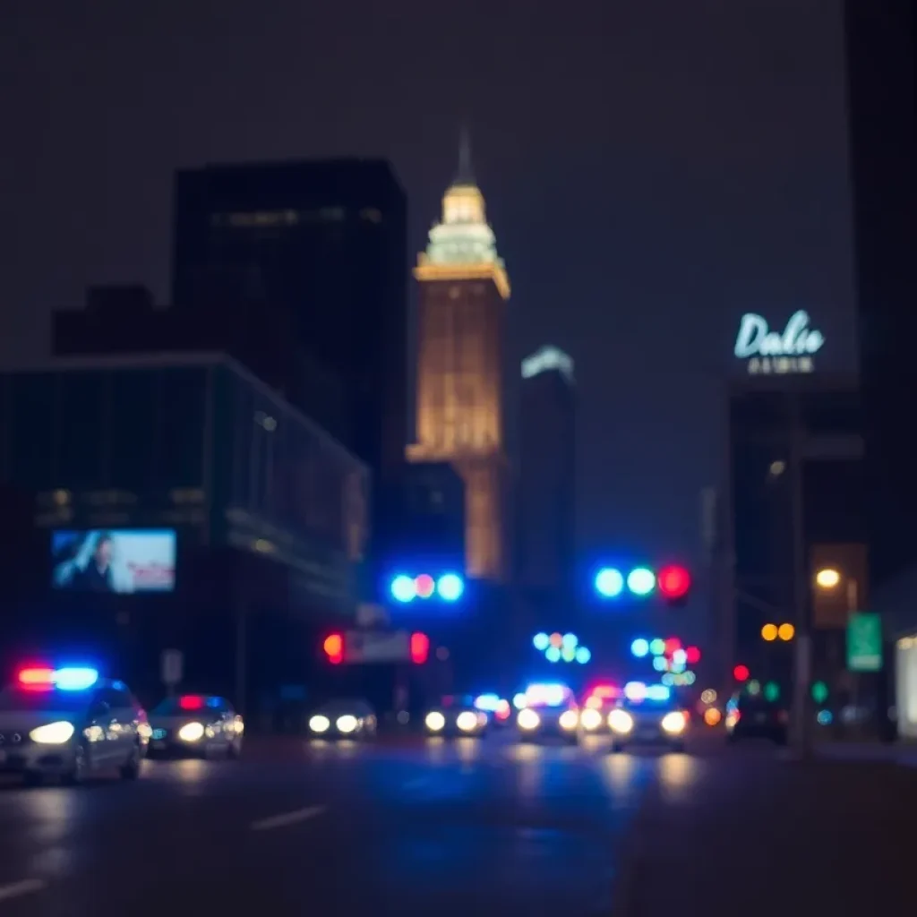 Police lights in a dark downtown Dallas street