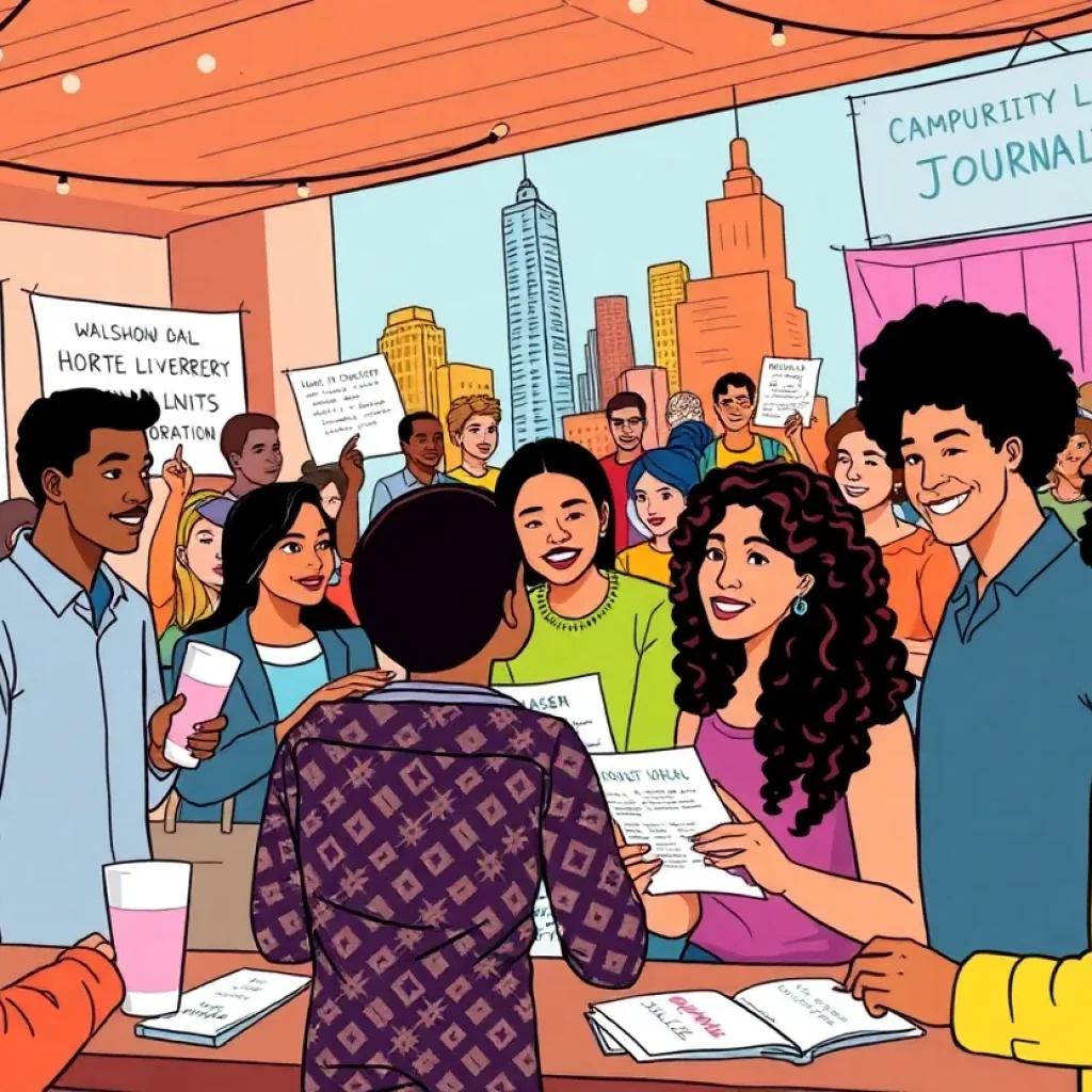 Illustration of community members supporting local journalism in Dallas