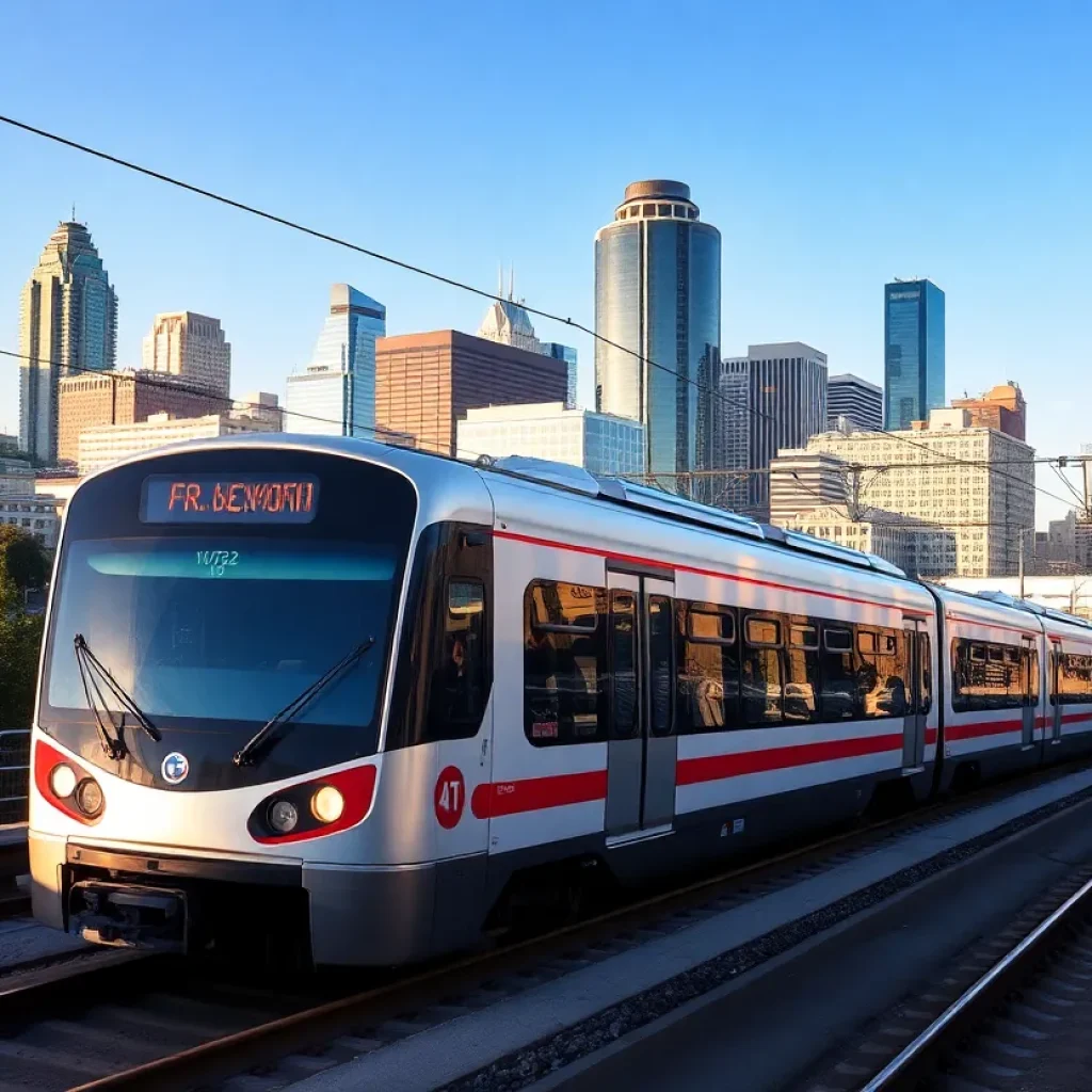 Modern train on a commuter rail line in Dallas