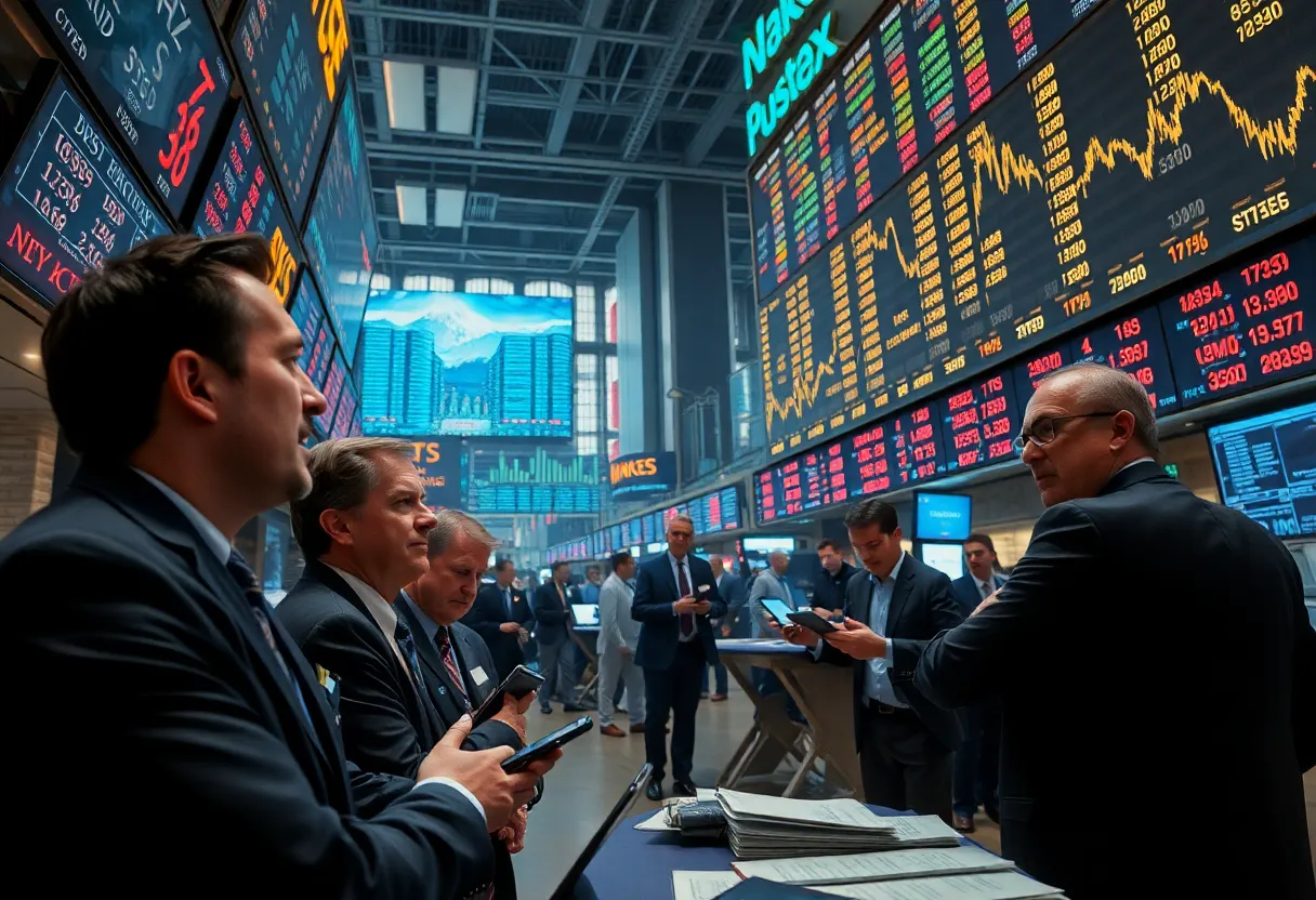 Image illustrating financial market instability with falling stock prices and concerned investors.