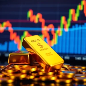 Gold bars with fluctuating market graphs in the background