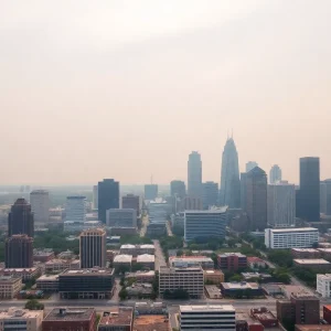 Hazy skyline of Dallas-Fort Worth representing ozone pollution