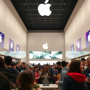 Customers shopping for iPads and iPhones at an Apple store.