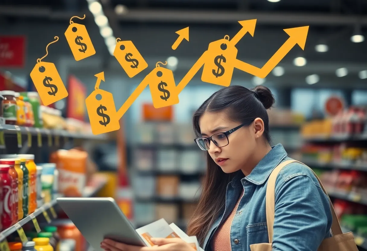A concerned shopper viewing items online as prices rise