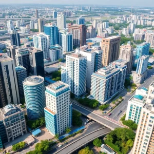 A cityscape of Vietnam representing economic expansion and renewable energy initiatives.