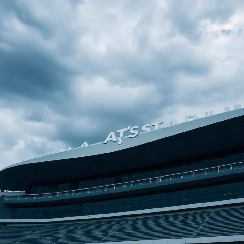 AT&T Stadium showing the retractable roof mechanism under stormy conditions.