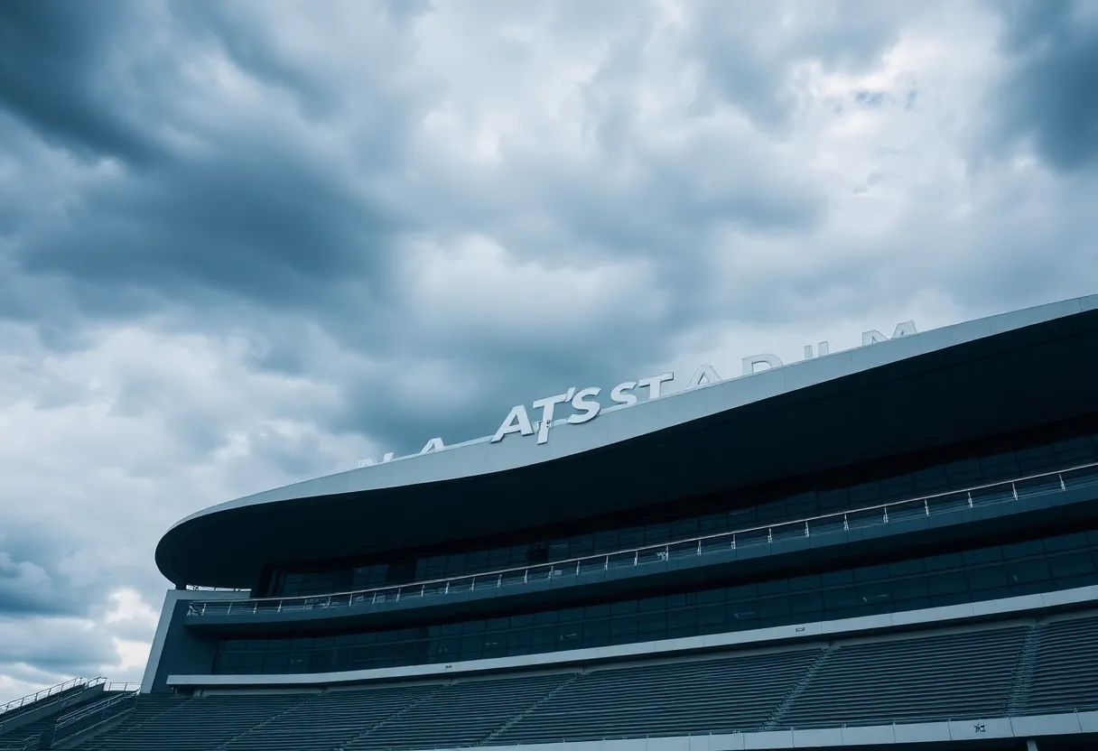 AT&T Stadium showing the retractable roof mechanism under stormy conditions.