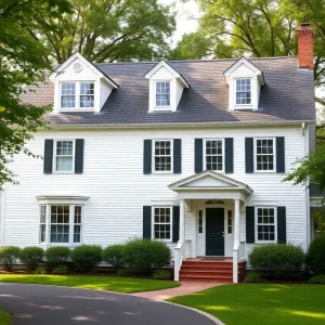 Exterior view of a colonial-style home with guest house in Dallas.