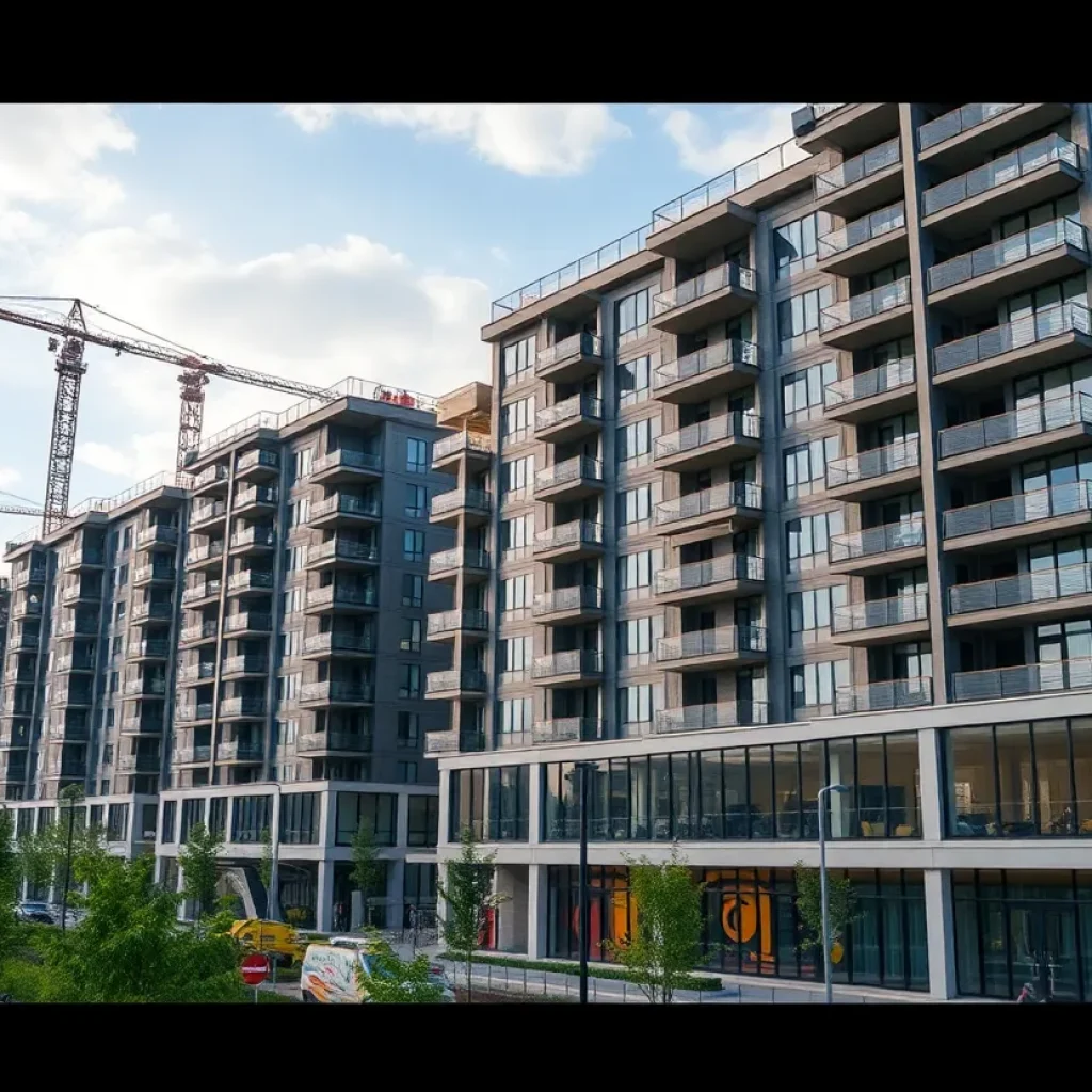 Artist depiction of the Cityplace redevelopment in Dallas including new apartment buildings and commercial spaces