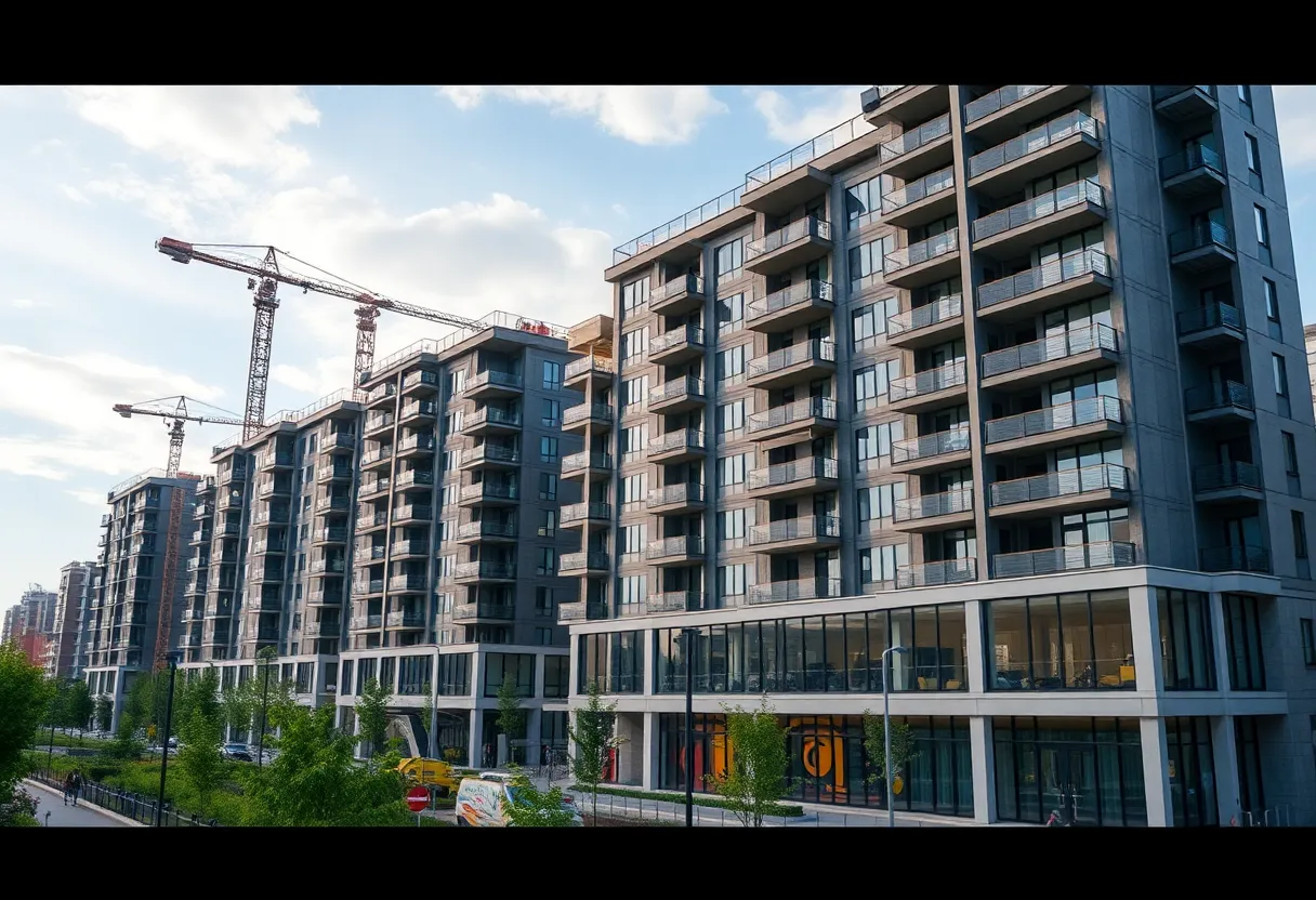 Artist depiction of the Cityplace redevelopment in Dallas including new apartment buildings and commercial spaces