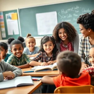 Classroom with engaged students and teachers