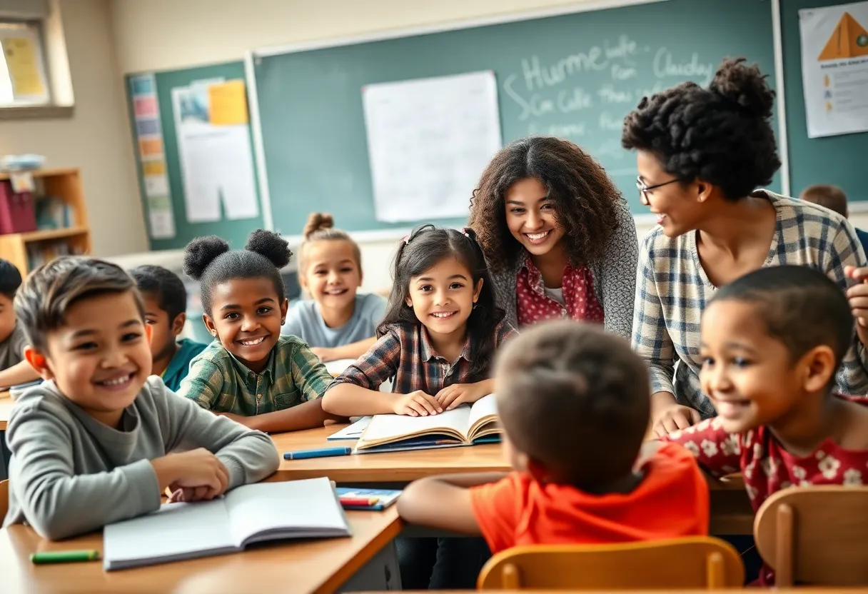 Classroom with engaged students and teachers