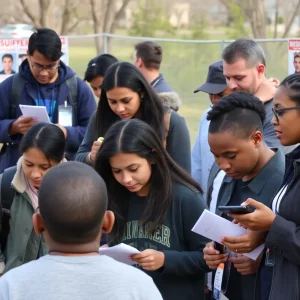 Community members searching for a missing person