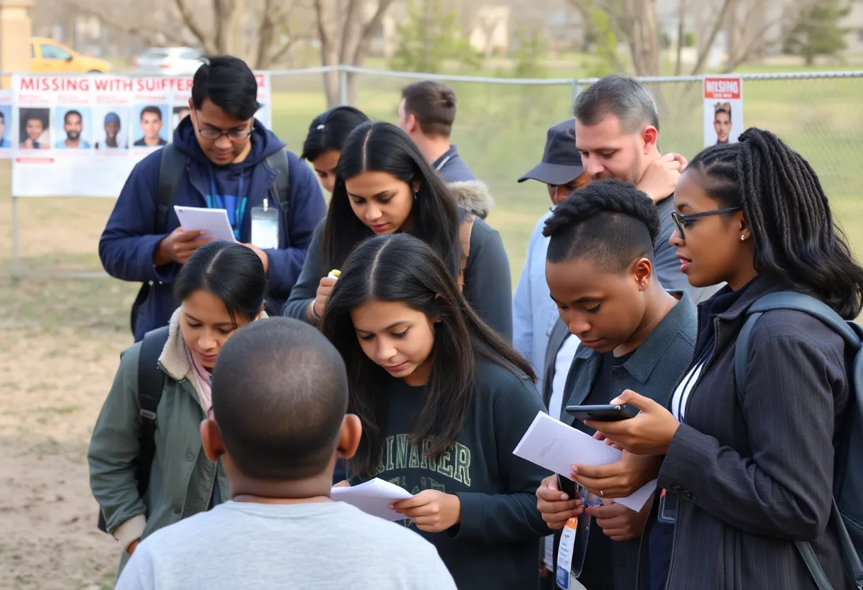 Community members searching for a missing person