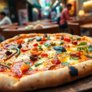 Curry Pizza with Indian flavors in a restaurant setting