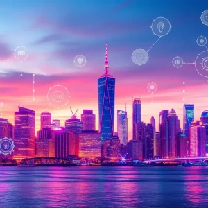 City skyline of Dallas with AI symbols
