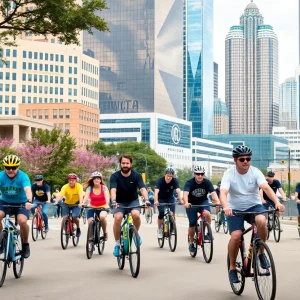 Cyclists participating in the Dallas Bike Ride through downtown Dallas.