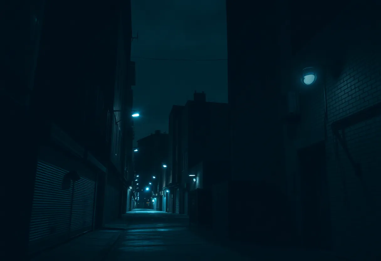 City streets of Dallas at night with dark alleys.