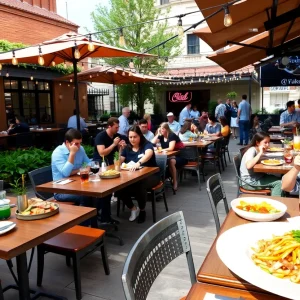 People dining outdoors at new Dallas restaurants in May 2023.