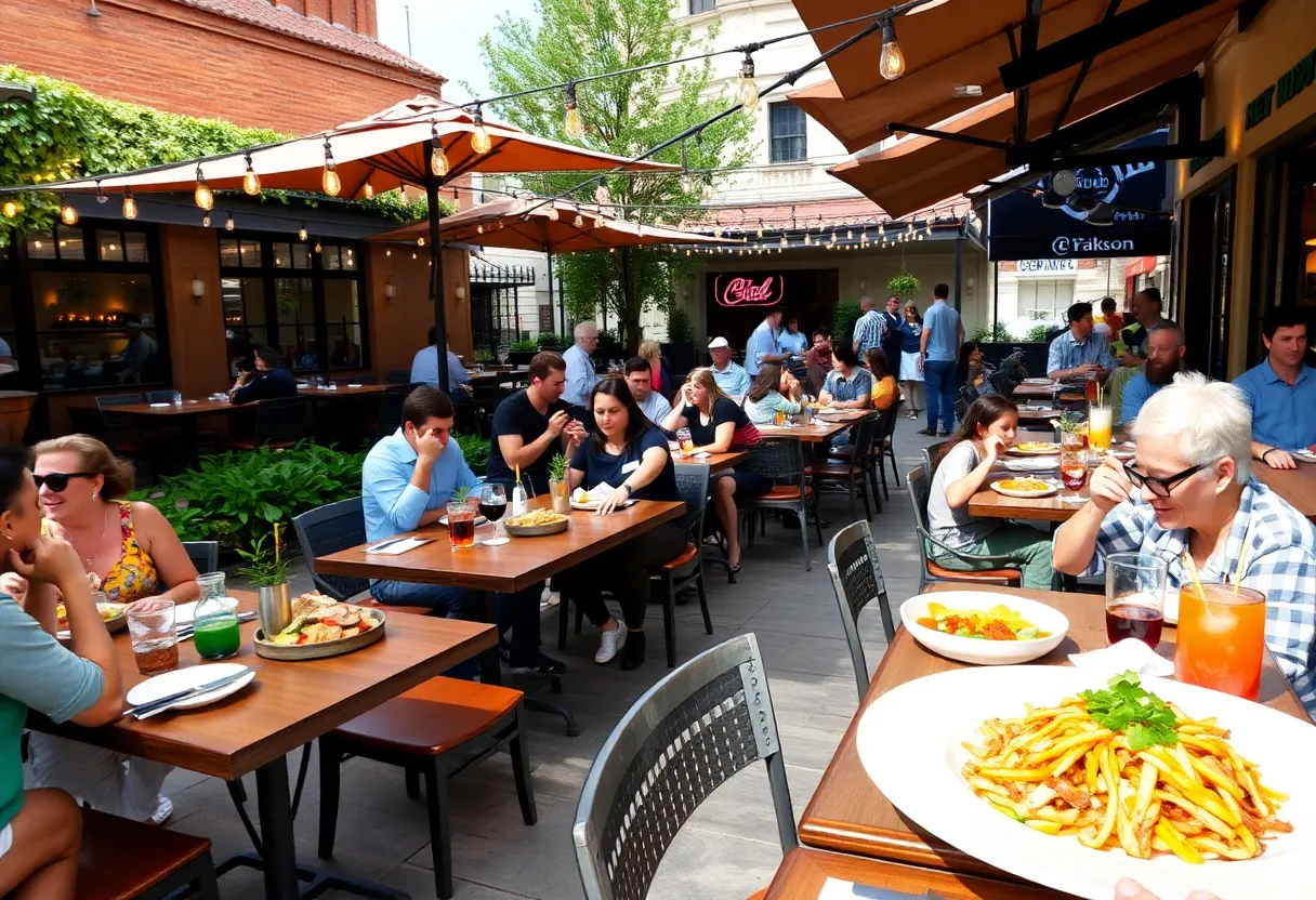 People dining outdoors at new Dallas restaurants in May 2023.