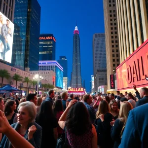 Scene of a film premiere in Dallas with excited fans and city skyline
