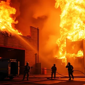 Firefighters combating a large blaze in Dallas with fire hoses and equipment.