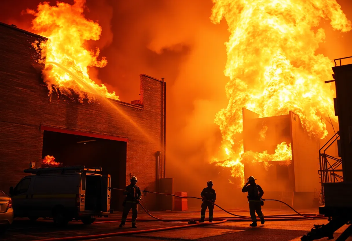 Firefighters combating a large blaze in Dallas with fire hoses and equipment.