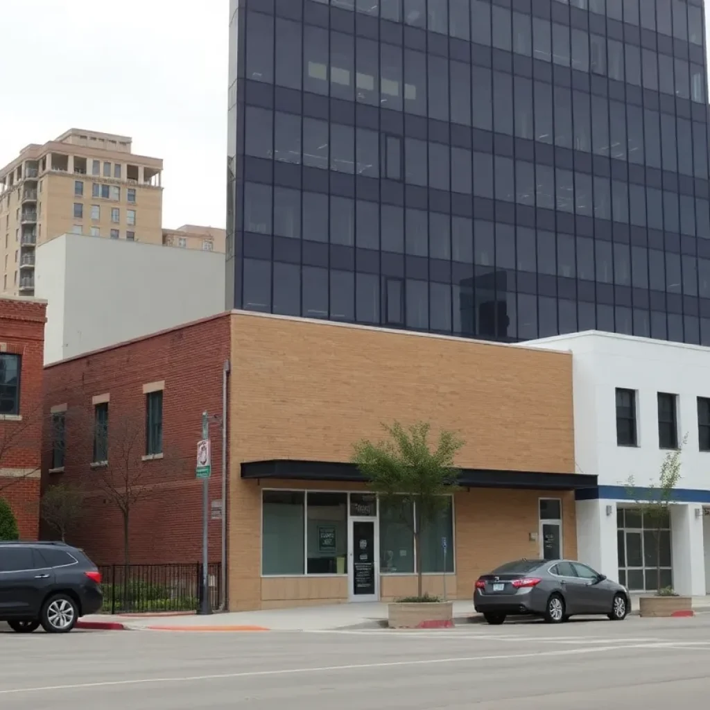 A view of a Dallas street with new development and flexible parking spaces