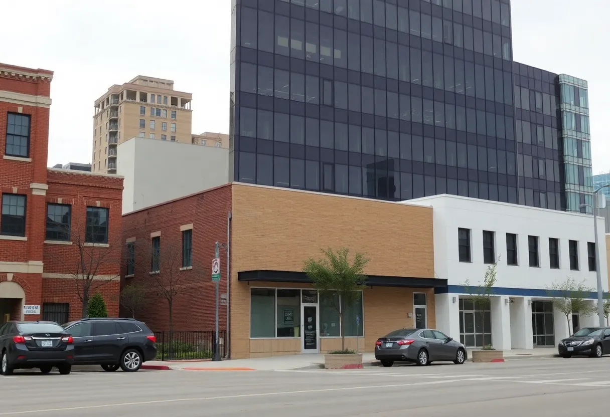 A view of a Dallas street with new development and flexible parking spaces
