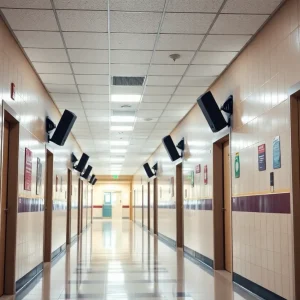 Security measures in a school hallway after a shooting incident