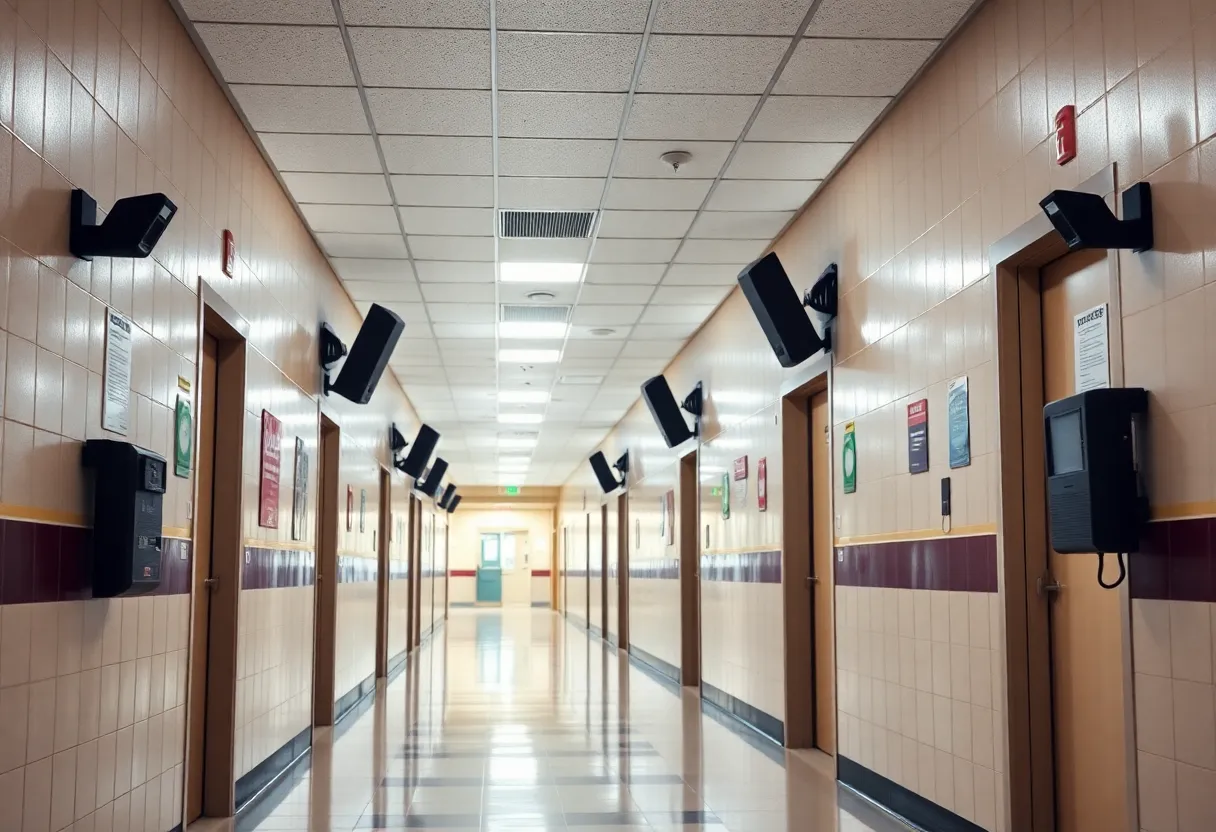 Security measures in a school hallway after a shooting incident