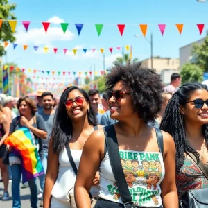 A lively LGBTQ celebration in Dallas with people enjoying festivities.
