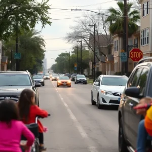 Scene of a neighborhood where children play, emphasizing road safety.