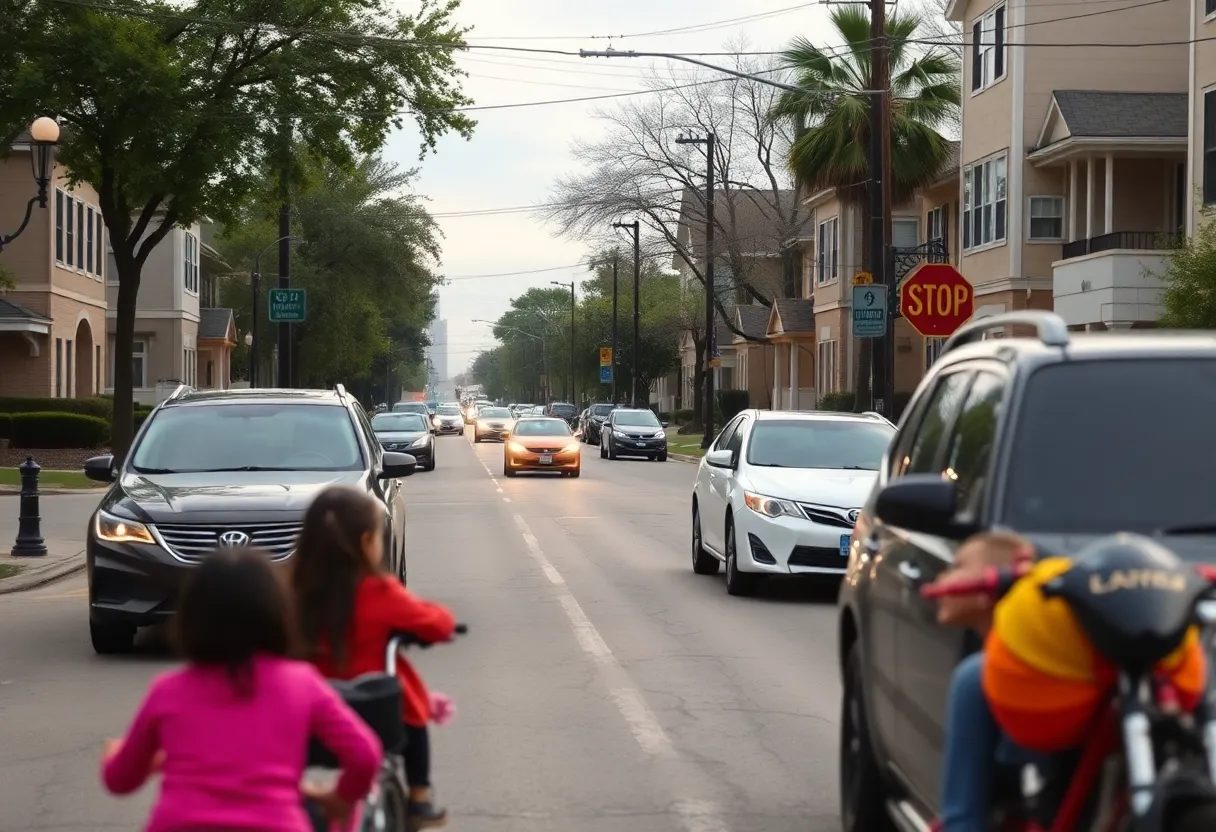 Scene of a neighborhood where children play, emphasizing road safety.