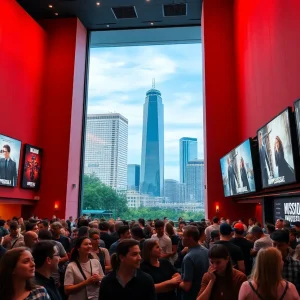 Excited fans outside a movie theater in Dallas for a special event.