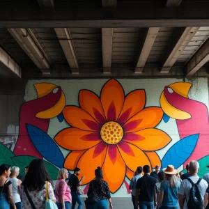 Colorful mural symbolizing rebirth and community at Lovers Lane bridge, Dallas