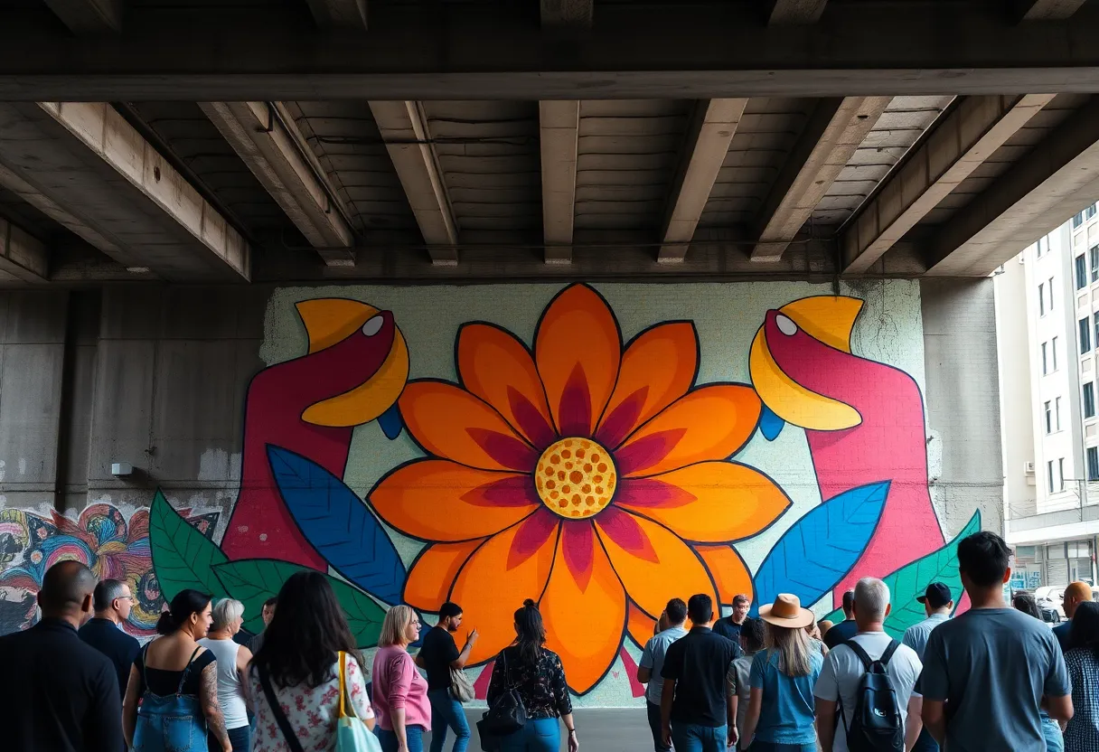 Colorful mural symbolizing rebirth and community at Lovers Lane bridge, Dallas