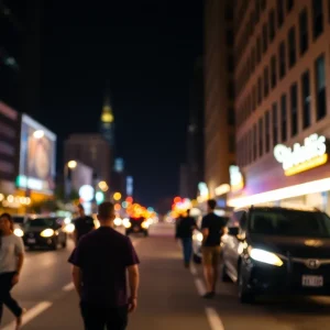 Nighttime view of a street in Dallas with city lights.