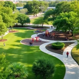 A beautiful park in Dallas with families enjoying recreational facilities.