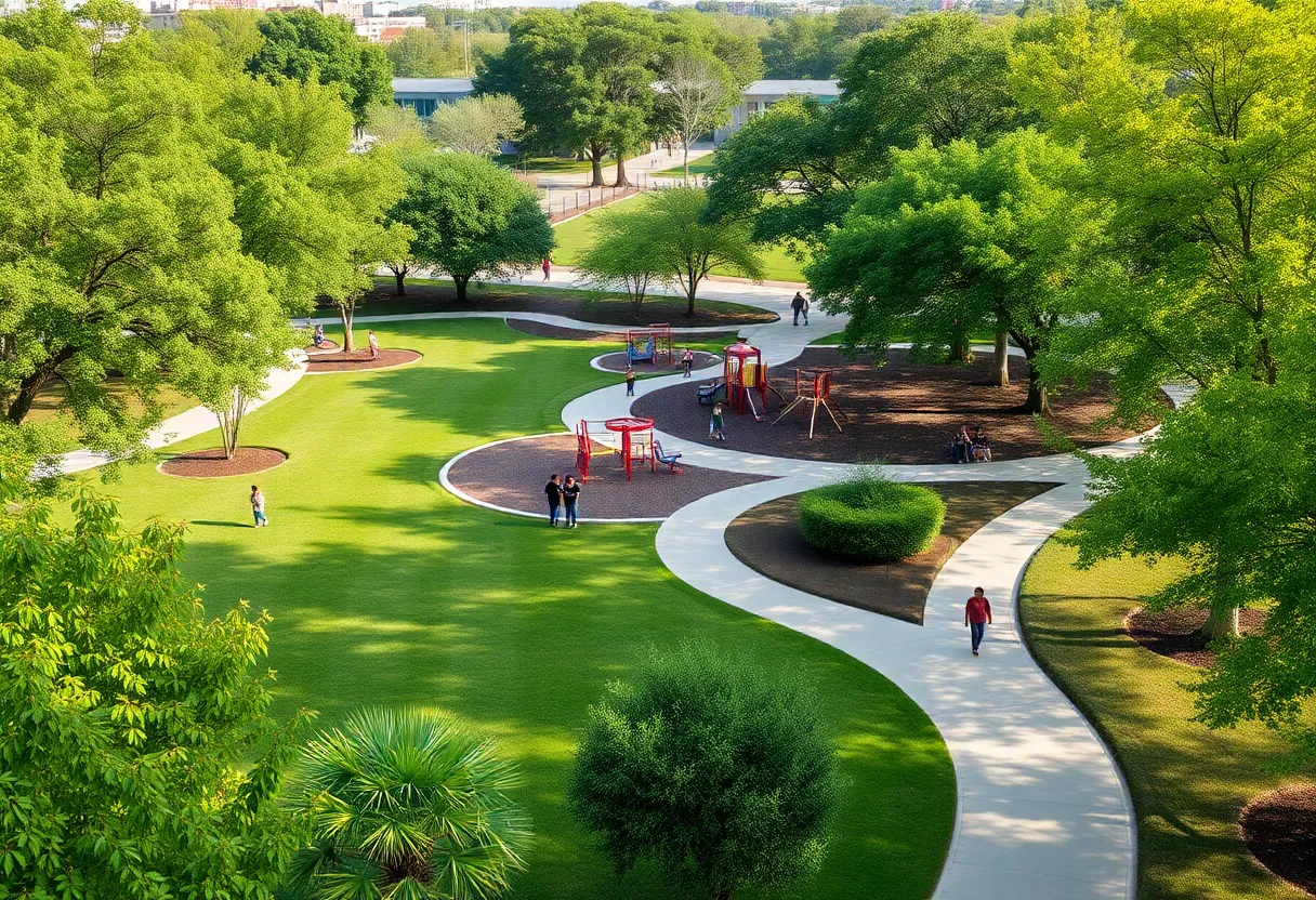 A beautiful park in Dallas with families enjoying recreational facilities.