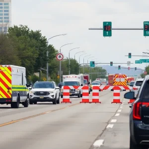 Scene of a pedestrian accident on U.S. 75 in Dallas with emergency vehicles.