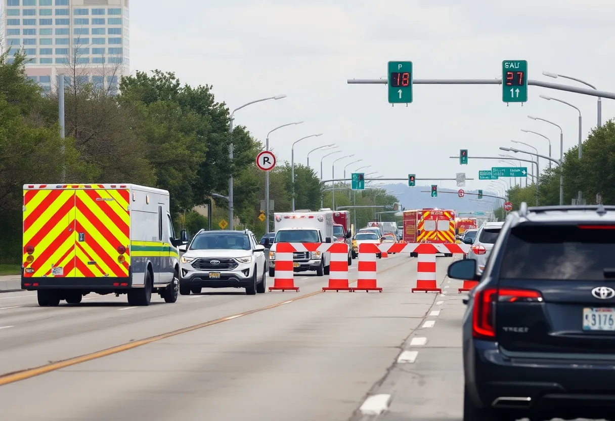 Scene of a pedestrian accident on U.S. 75 in Dallas with emergency vehicles.
