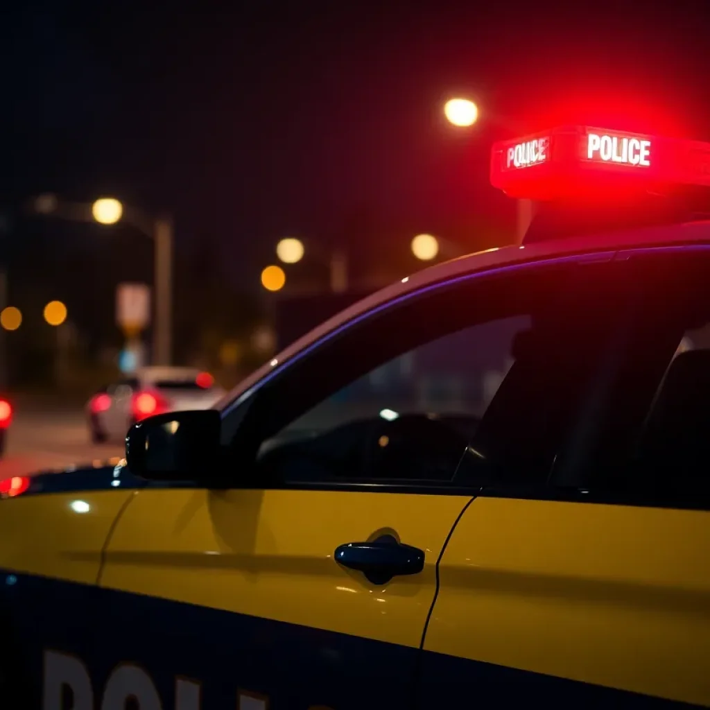 A police car parked in a Dallas street at night
