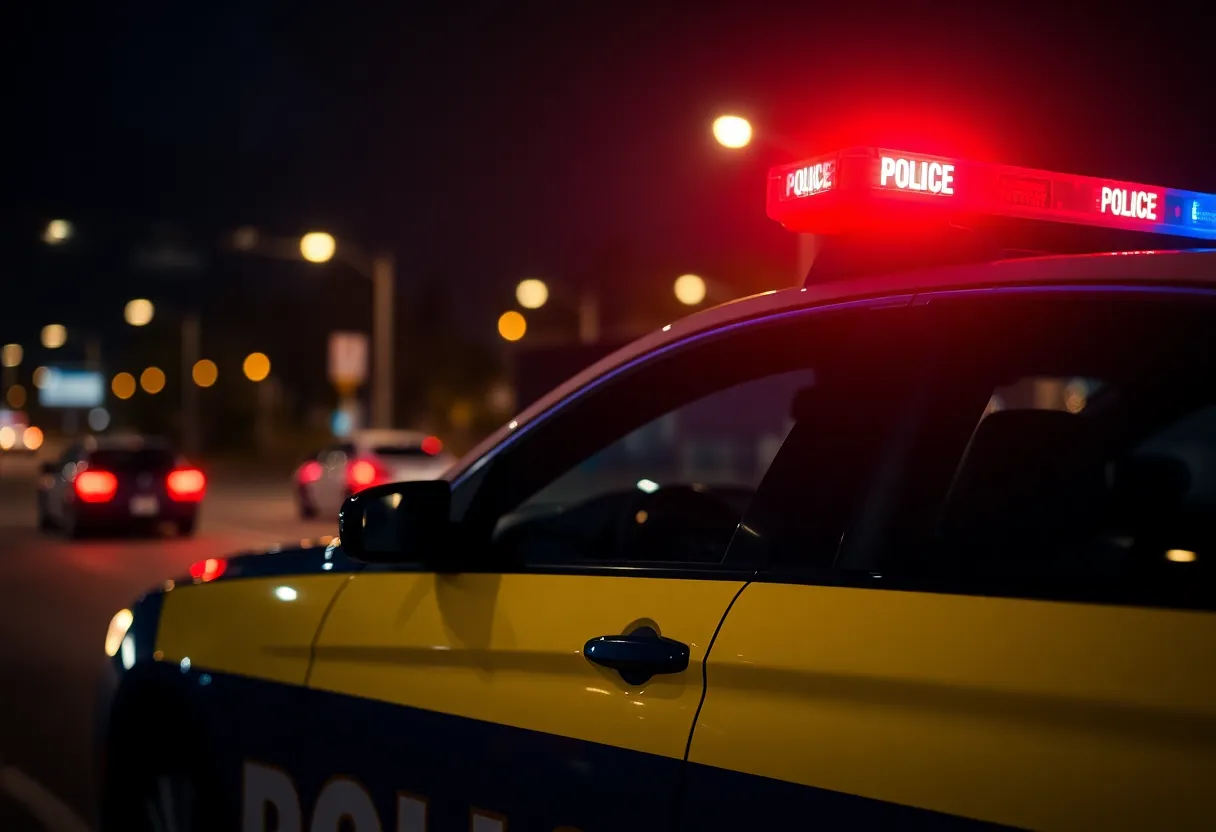 A police car parked in a Dallas street at night