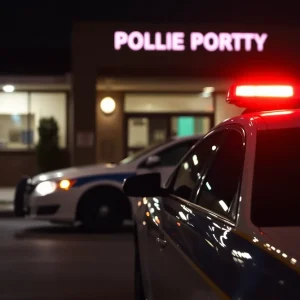 Police car parked at a police station at night